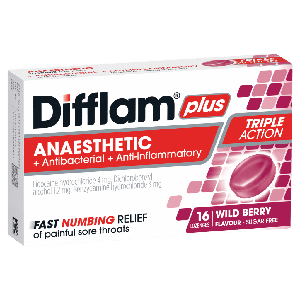 Difflam Plus Anaesthetic + Antibacterial + Anti-Inflammatory Wild Berry Lozenges 16